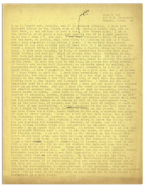 Hunter S. Thompson Letter Signed, and Autograph Note -- ''...Sex is the main bug, of course, not the actual lack of humping so much as the lack of any possibility, a sexual deadness in the air...''